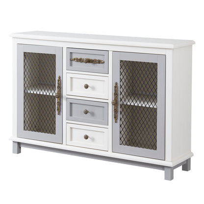 TREXM Retro Style Cabinet with 4 Drawers of the Same Size and 2 Iron Mesh Doors for Living Room and Entryway