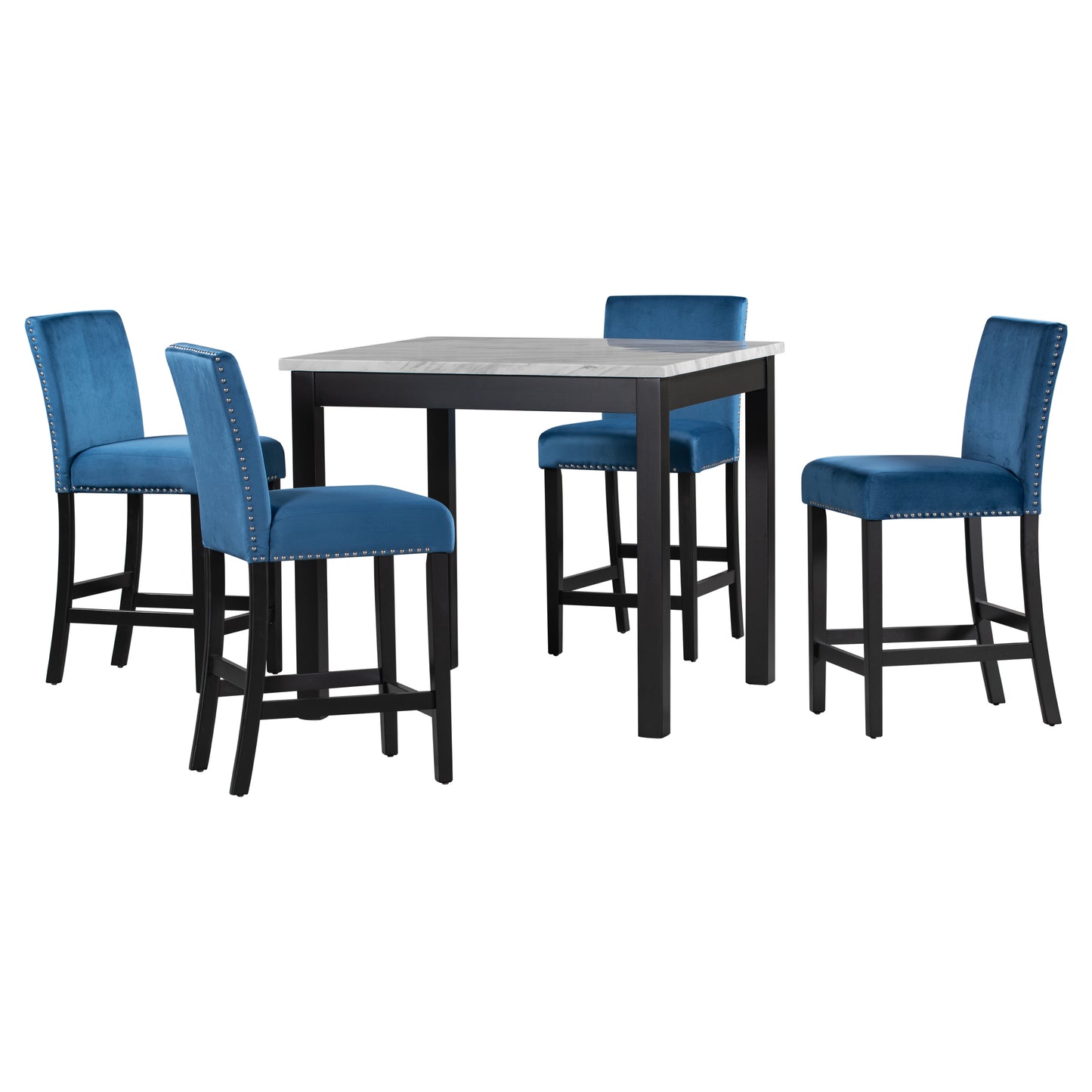 5-piece Counter Height Dining Table Set with One Faux Marble Dining Table and Four Upholstered-Seat Chairs, Table top: 40in.L x40in.W, for Kitchen and Living room Furniture,Blue