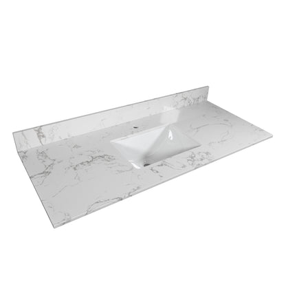 Montary 43‘’x22" bathroom stone vanity top  engineered stone carrara white marble color with rectangle undermount ceramic sink and  single faucet hole with back splash .