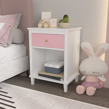 Wooden Nightstand with One Drawer One Shelf for Kids, Adults, Pink