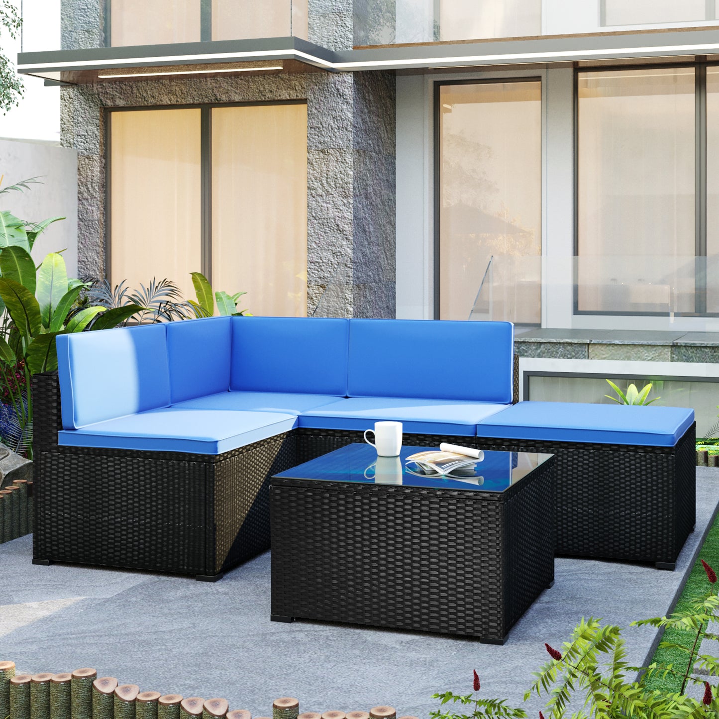 GO 5-Piece Patio Rattan PE Wicker Furniture Corner Sofa Set, with 2 Sofa chairs, 1 Corner chair, 1 ottoman and 1 glass coffee table, Sectional Sofa Chair, Seating,