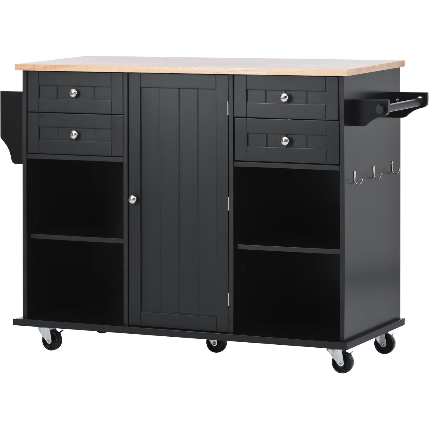 K&K kitchen island cart with Spice Rack, Towel Rack & Drawer,Rubber wood desktop,5 wheels including 4 lockable wheels,52.8inch width (Black)