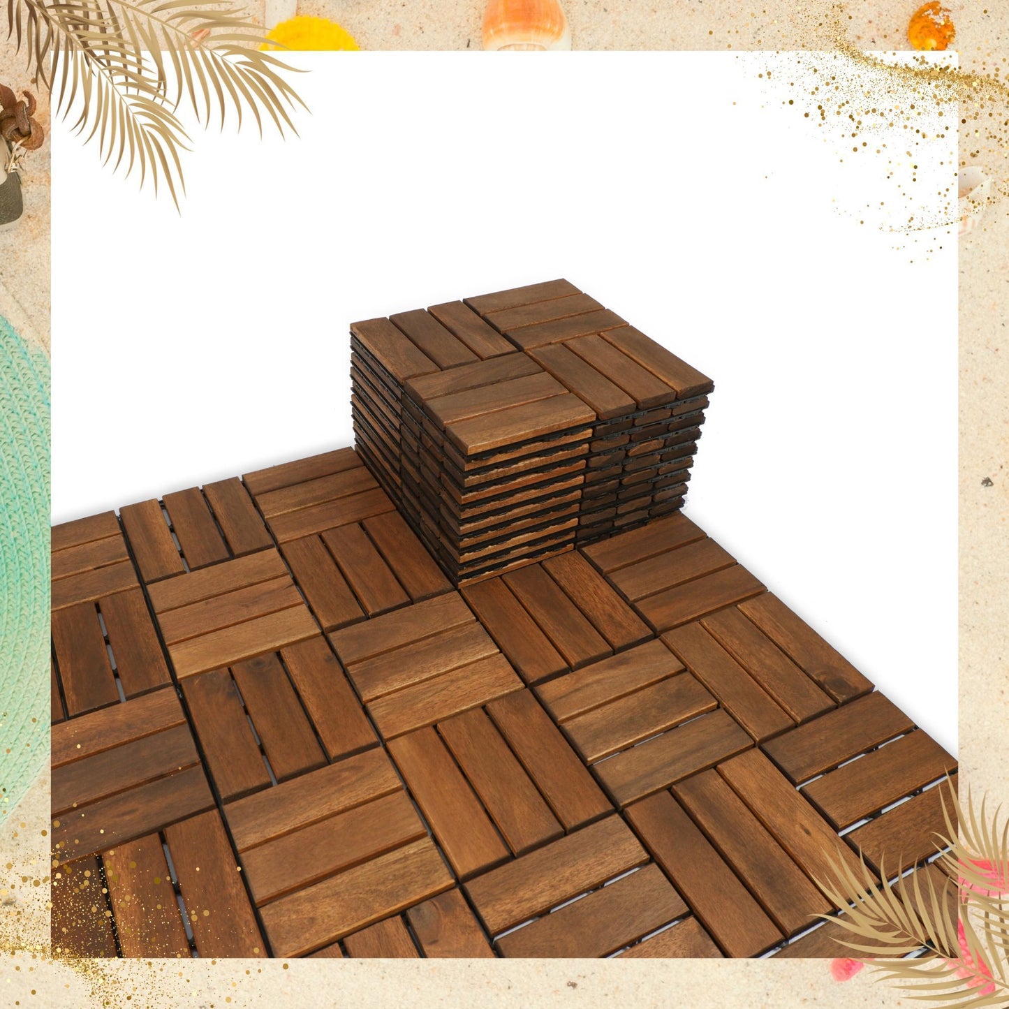12" x 12" Square Acacia Wood Interlocking Flooring Tiles Checker Pattern Pack of 10 Tiles