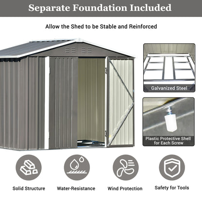 TOPMAX Patio 8ft x6ft Bike Shed Garden Shed, Metal Storage Shed with Lockable Doors, Tool Cabinet with Vents and Foundation Frame for Backyard, Lawn, Garden, Gray