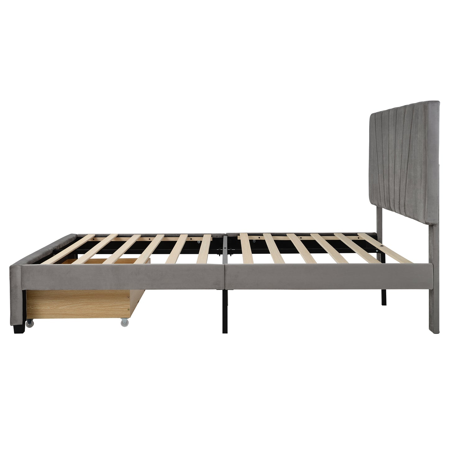 Queen Size Storage Bed Velvet Upholstered Platform Bed with a Big Drawer - Gray