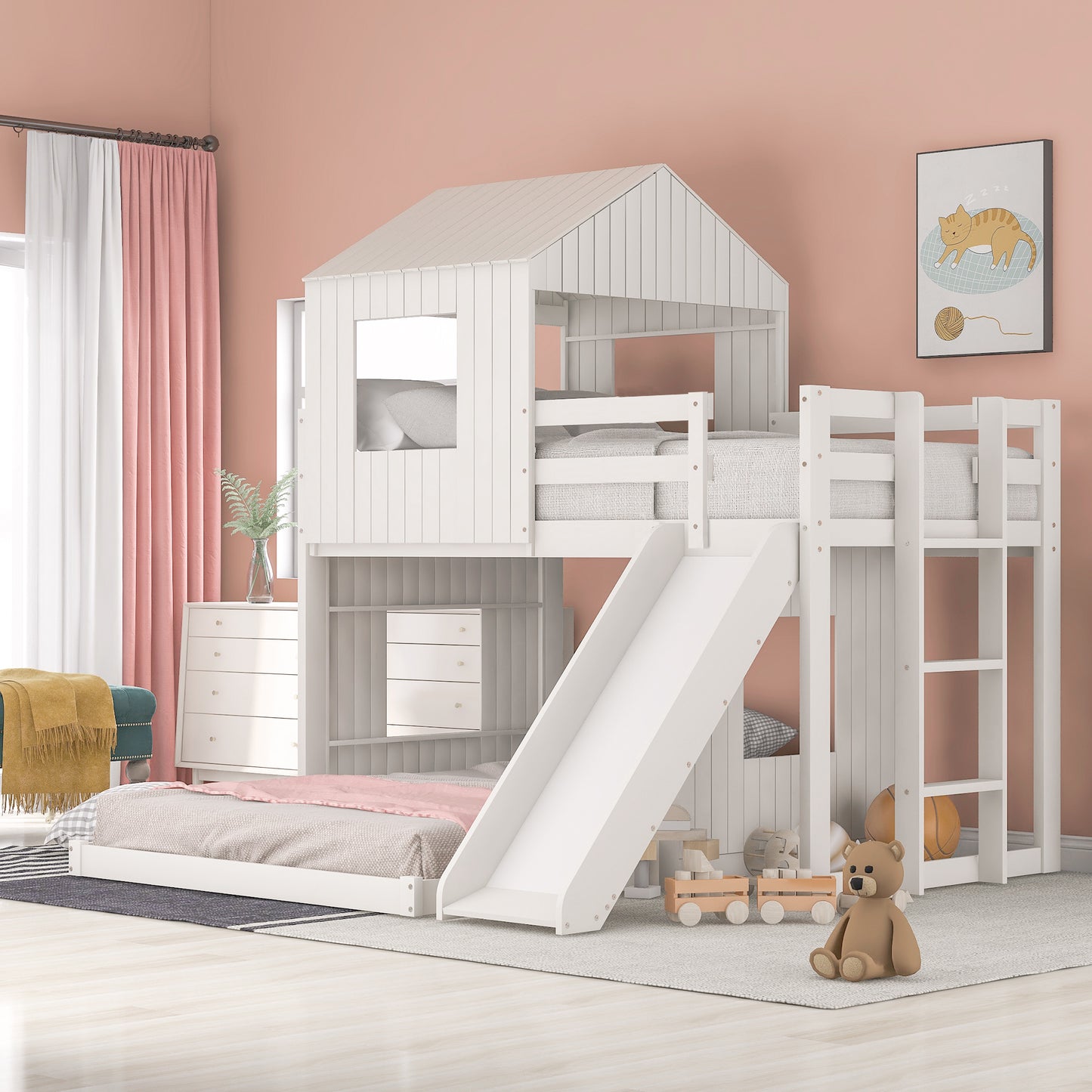 Wooden Twin Over Full Bunk Bed, Loft Bed with Playhouse, Farmhouse, Ladder, Slide and Guardrails, White(OLD SKU :LP000028AAK)