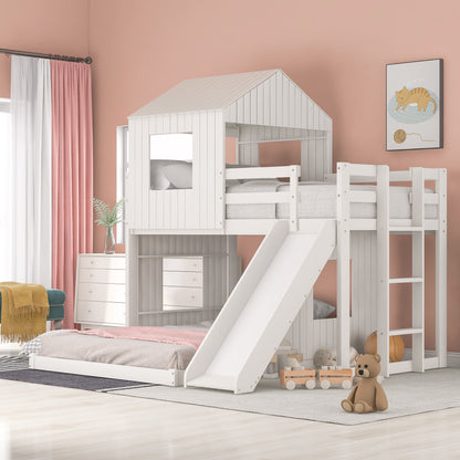 Wooden Twin Over Full Bunk Bed, Loft Bed with Playhouse, Farmhouse, Ladder, Slide and Guardrails, White(OLD SKU :LP000028AAK)