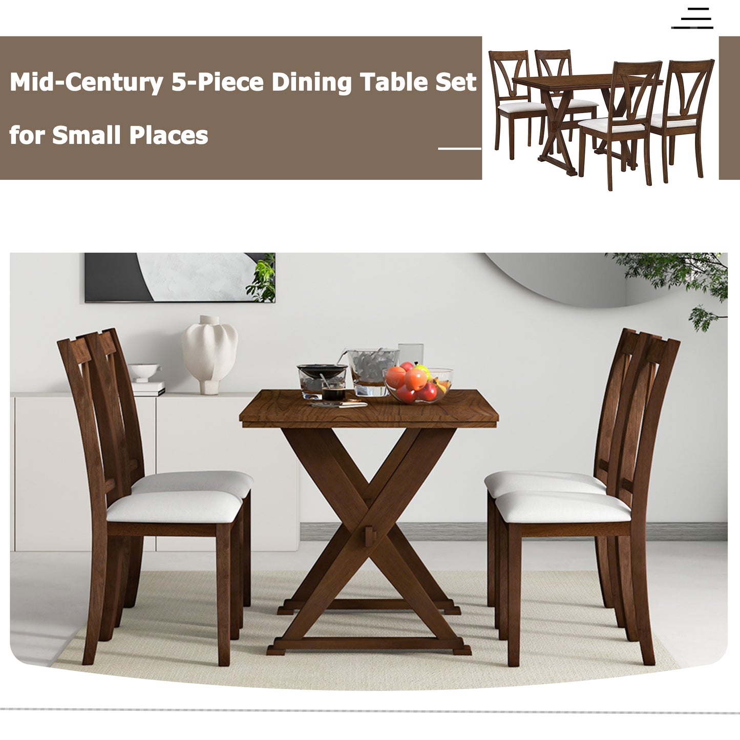 TOPMAX Mid-Century Wood 5-Piece Dining Table Set with 4 Upholstered Dining Chairs for Small Places, Antique Brown