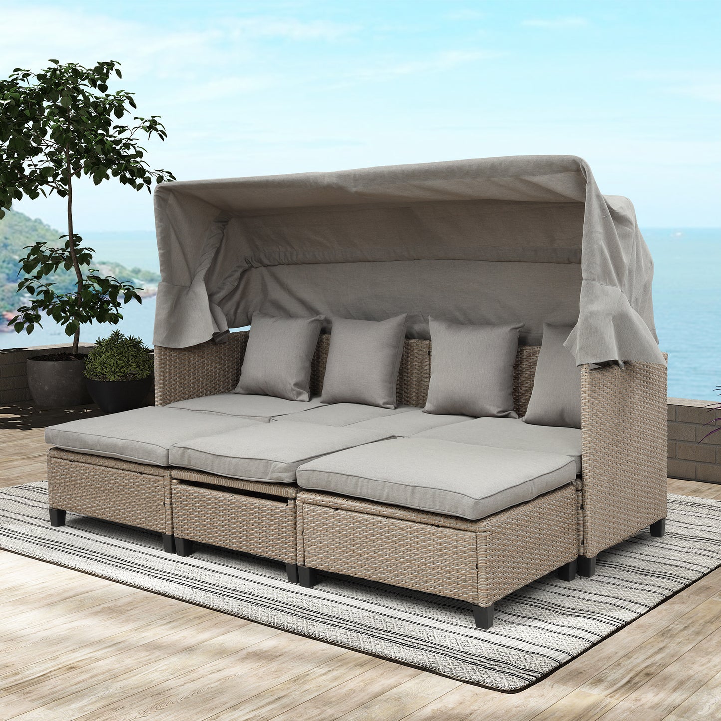 TOPMAX 4 Piece UV-Resistant Resin Wicker Patio Sofa Set with Retractable Canopy, Cushions and Lifting Table,Brown