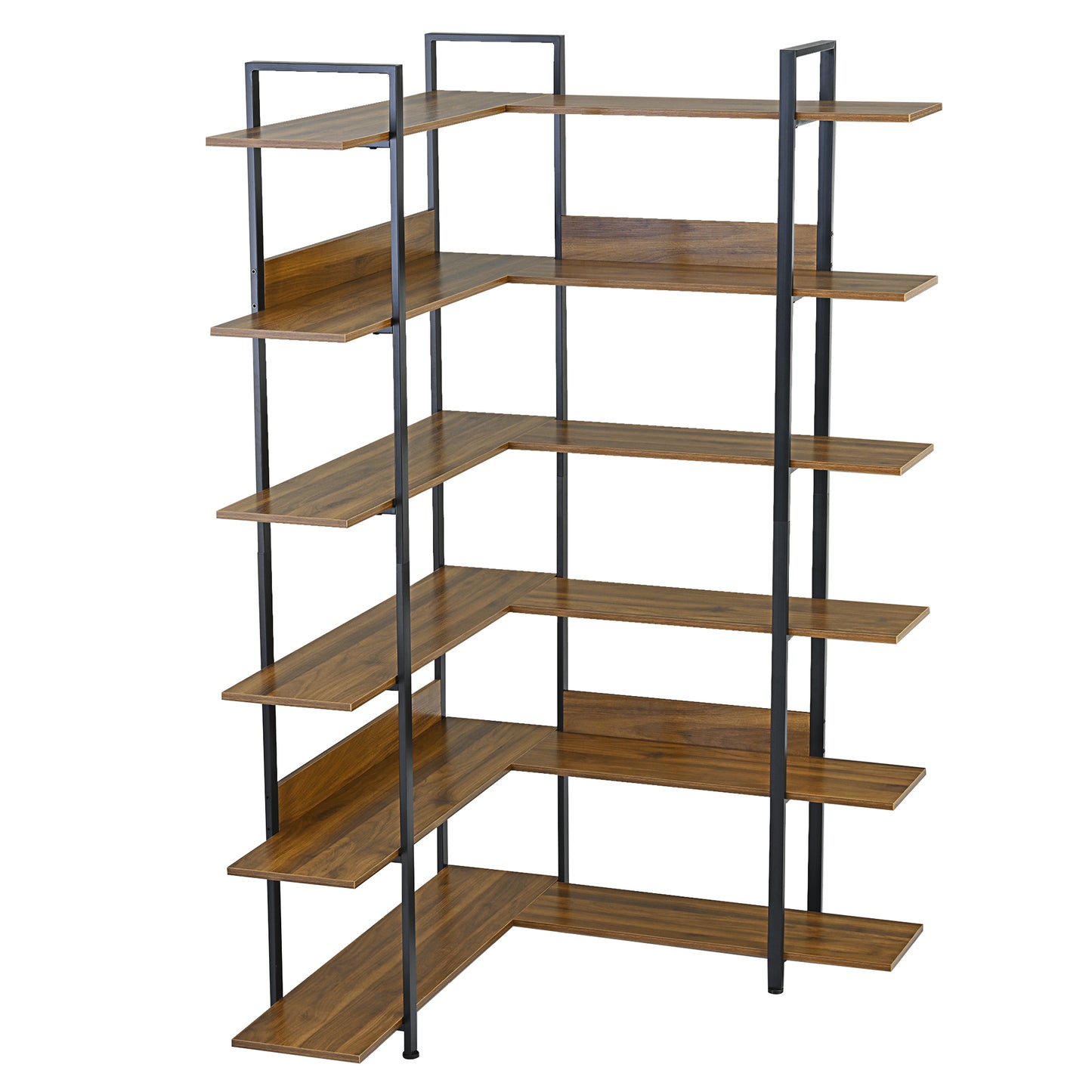 74.8 Inch Bookshelf L-shape MDF Boards Stainless Steel Frame Corner 6-tier Shelves Adjustable Foot Pads, Brown