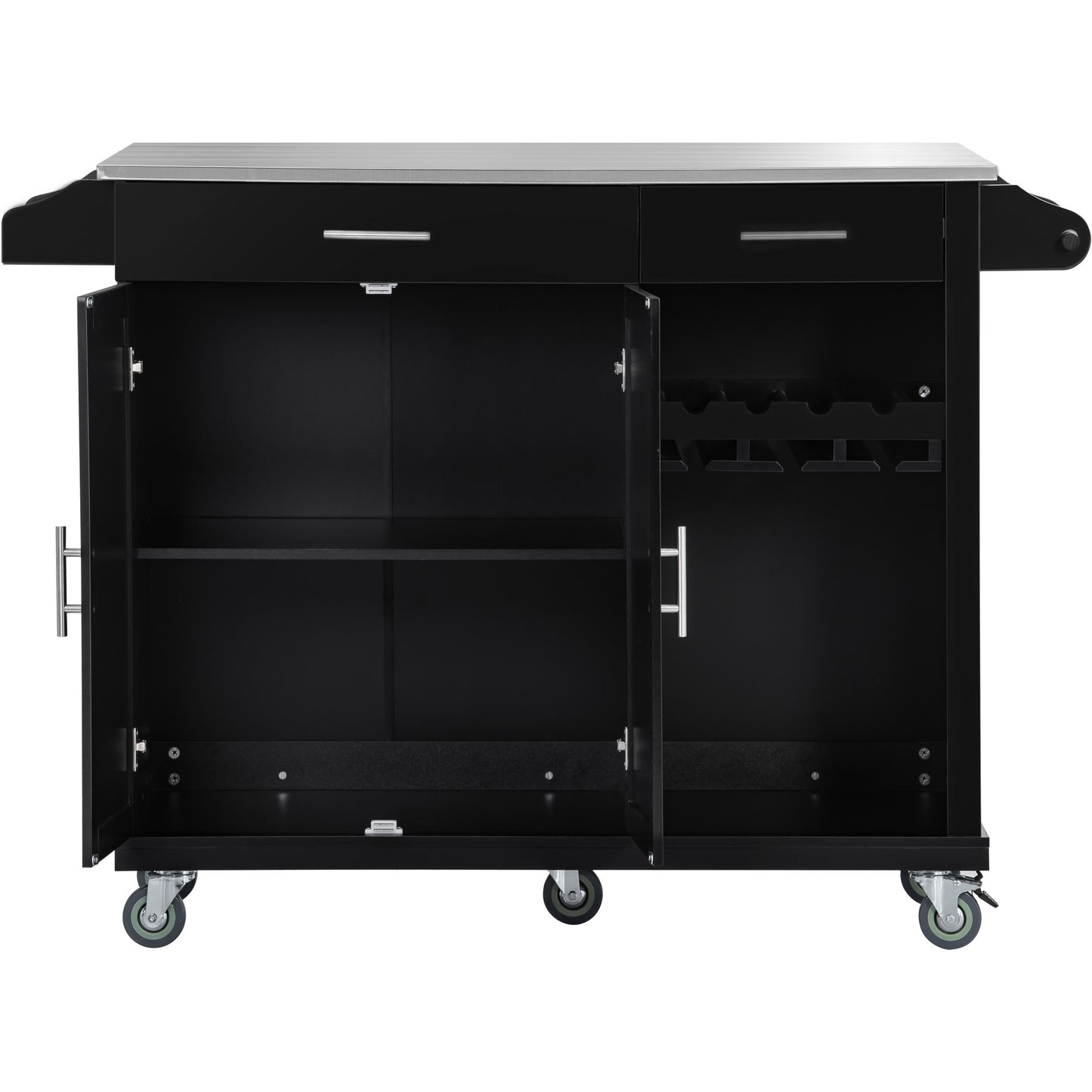 K&K Kitchen Cart with Stainless Steel Top and Storage Cabinet, Kitchen Island on Wheels with Two Drawers & Goblet Holder & Wine Rack & Spice Rack & Towel Holder, L51xW18xH37 Inches