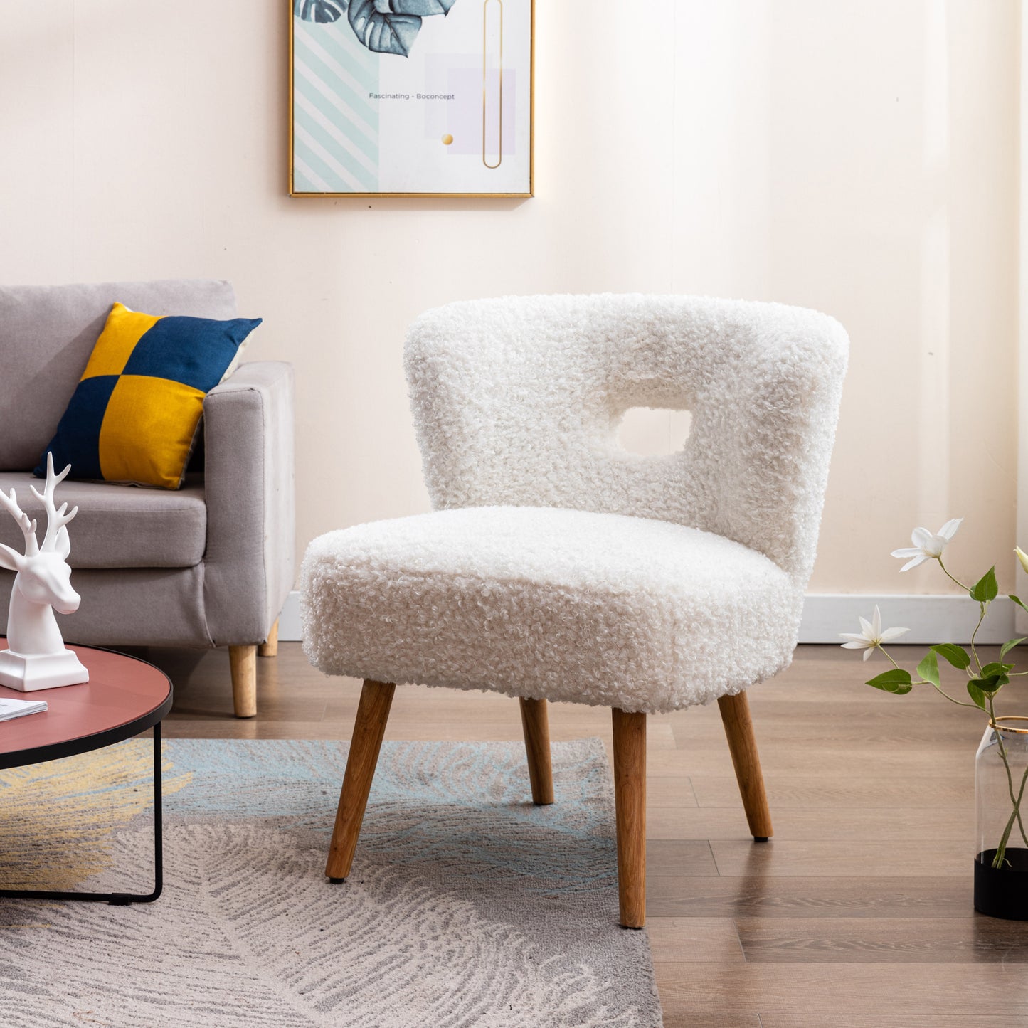 HengMing Accent Chair Lambskin Sherpa Upholstery Open Back Chair for Living Room Bedroom/White