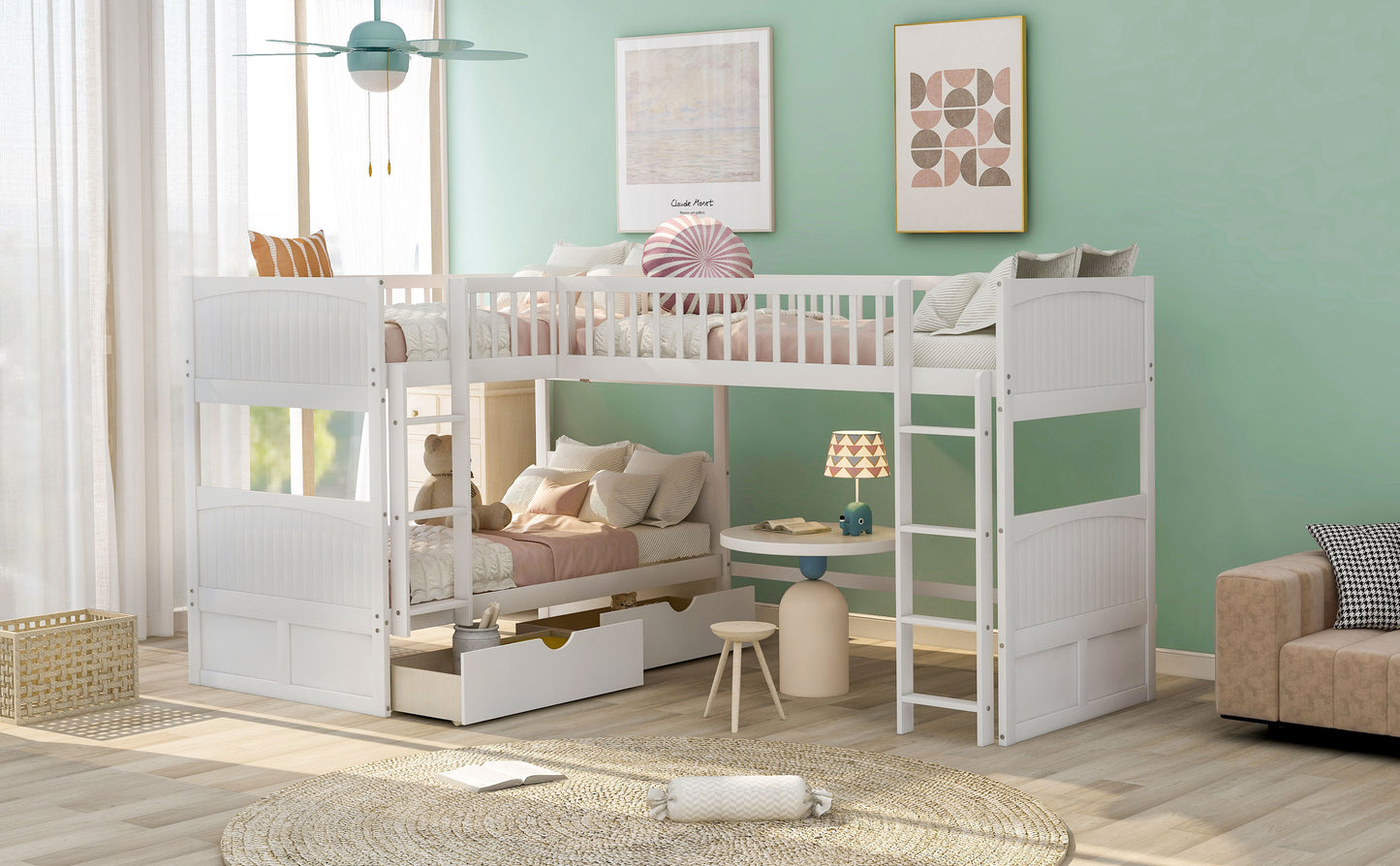 Twin Size Bunk Bed with a Loft Bed attached, with Two Drawers,White