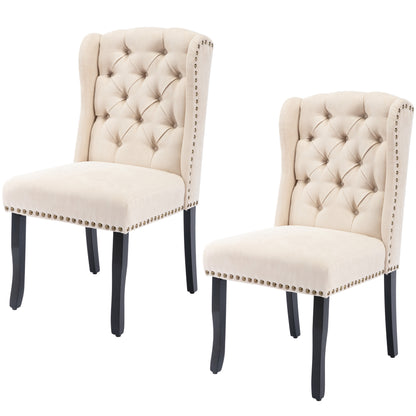 TREXM Cotton Fabric Dining Chairs Set of 2, Upholstered Dining Room Chairs with Solid Wood Legs, Wingback and Button Tufting (Beige)