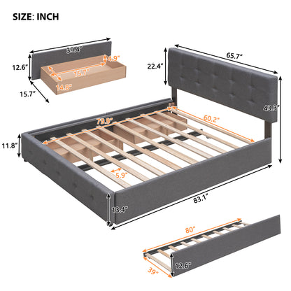 Upholstered Platform Bed with 2 Drawers and 1 Twin XL Trundle,  Linen Fabric, Queen Size - Dark Gray(OLD SKU :LP000314AAE)