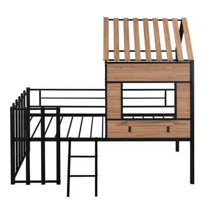 Metal Twin size Loft Bed with Roof, Window, Guardrail, Ladder Black