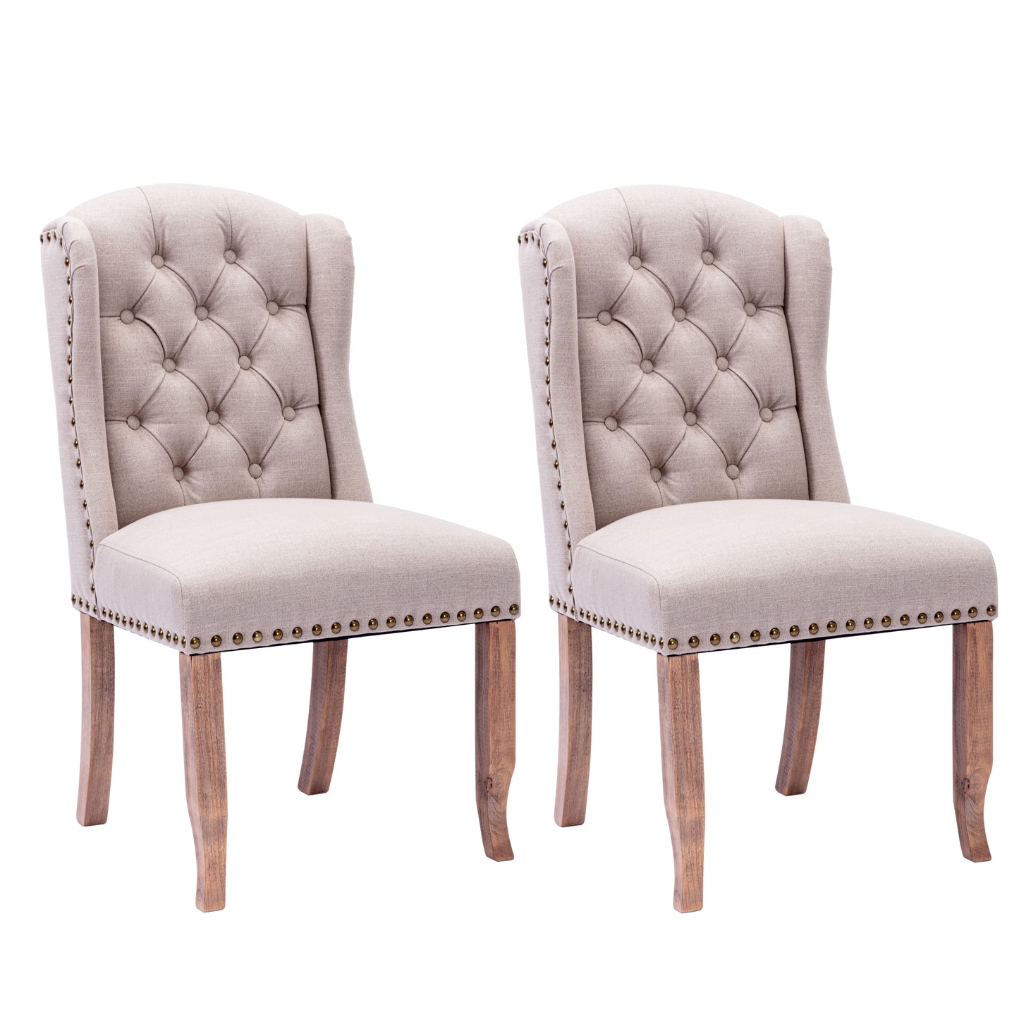 Wing Back Tufted Botton Upholstered Fabric Dining Chairs Set of 2,High Back Farmhouse Kitchen Dining Chairs with Nailheads,Cream