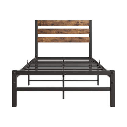 Twin Size Platform Bed Frame with Rustic Vintage Wood Headboard, Strong Metal Slats Support Mattress Foundation, No Box Spring Needed Rustic Brown