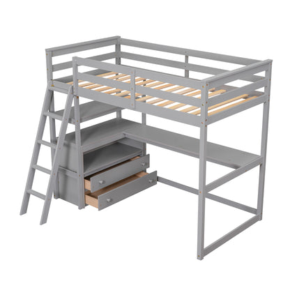 Twin Size Loft Bed with Desk and Shelves, Two Built-in Drawers, Gray(old SKU: GX000803AAE-1）