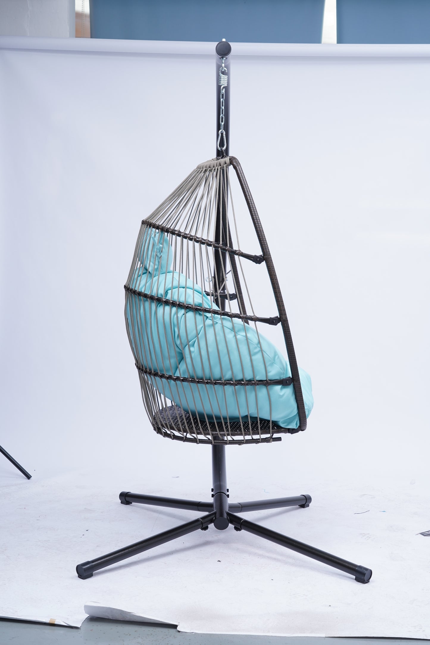 Patio Wicker folding Hanging Chair,Rattan Swing Hammock Egg Chair with C Type bracket , with cushion and pillow,for Indoor,Outdoor，Blue