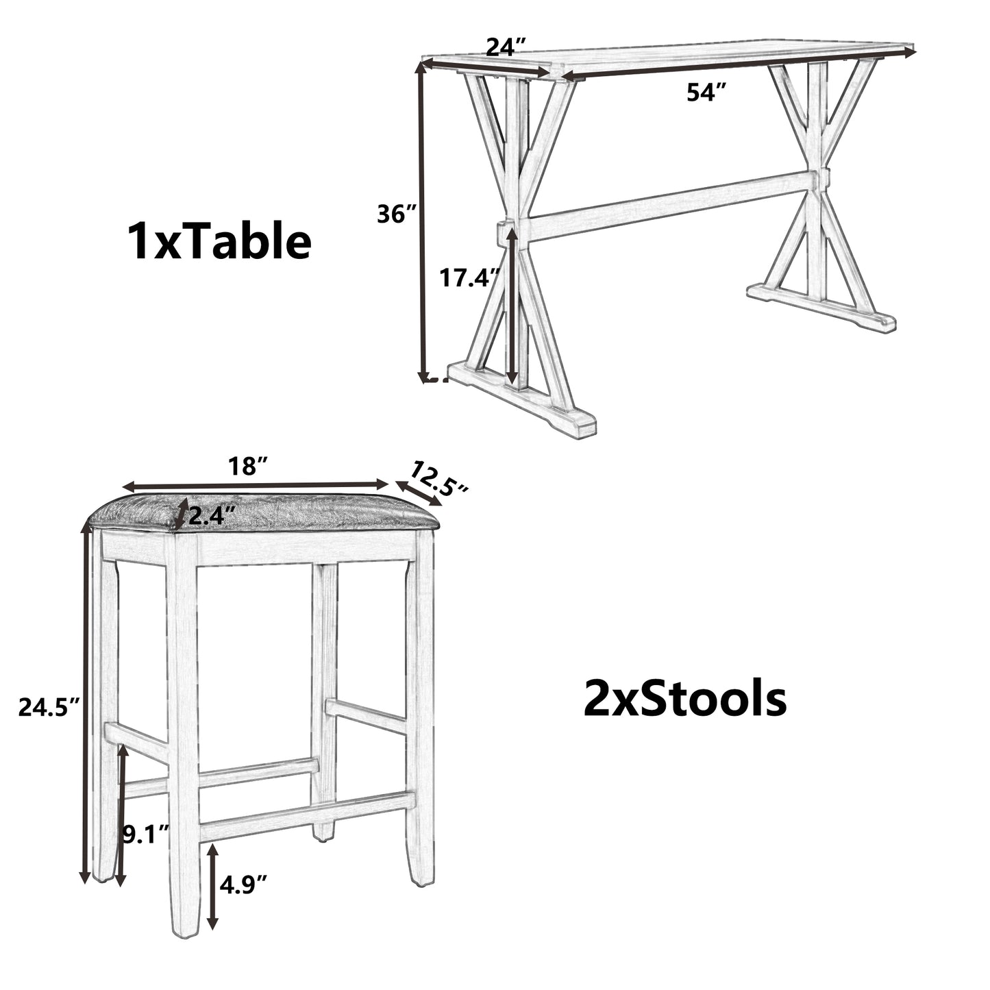 TOPMAX 3-Piece Counter Height Wood Kitchen Dining Table Set with 2 Stools for Small Places, Brown Finish+Black Cushion