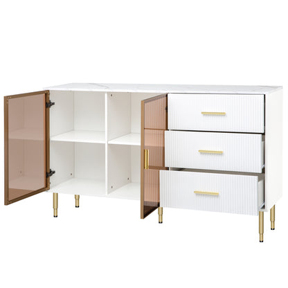 TREXM Modern Sideboard MDF Buffet Cabinet Marble Sticker Tabletop and Amber-yellow Tempered Glass Doors with Gold Metal Legs & Handles (White)