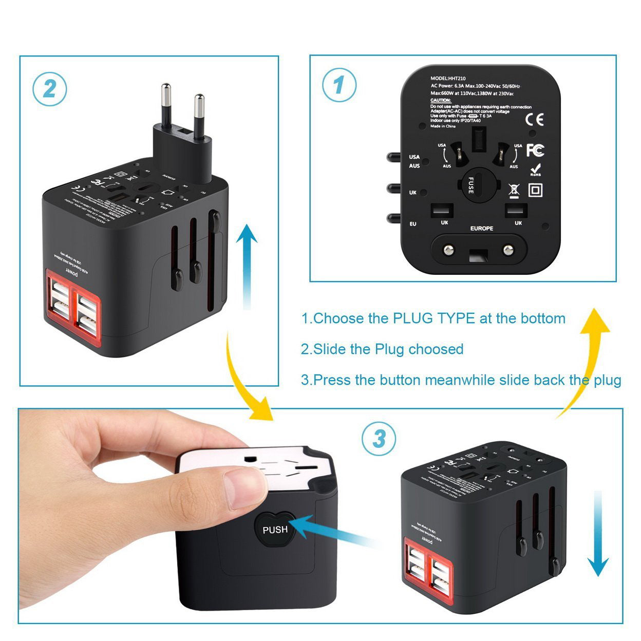 Worldwide Plug Adapter With 4 Port USB Fast Charger And A Surge Protector by VistaShops