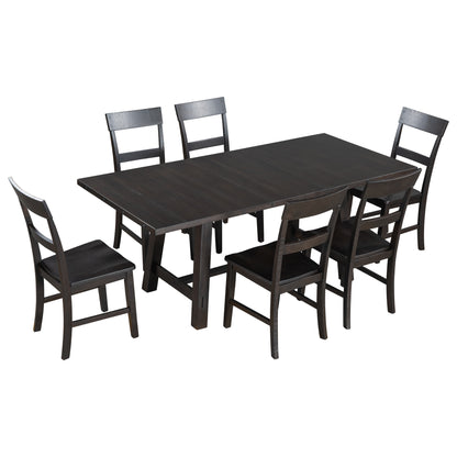 TREXM Retro Industrial Style 7-Piece Dining Table Set Extendable Table with 18” Leaf and Six Wood Chairs 
(Espresso)