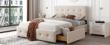 Upholstered Platform Bed with Classic Headboard and 4 Drawers, No Box Spring Needed, Linen Fabric, Queen Size Beige(OLD SKU :LP000114AAA)