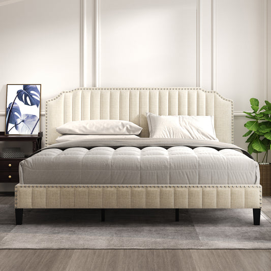 Modern Linen Curved Upholstered Platform Bed , Solid Wood Frame , Nailhead Trim, Cream (King)