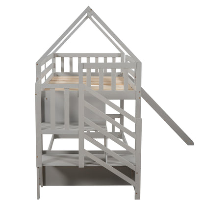 Twin over Twin House Bunk Bed with Slide and Storage Staircase,Grey