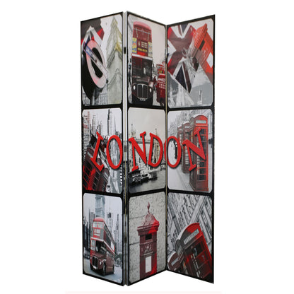 71 Inch 3 Panel Room Divider, LONDON Digital Print, Wood, Gray, Red