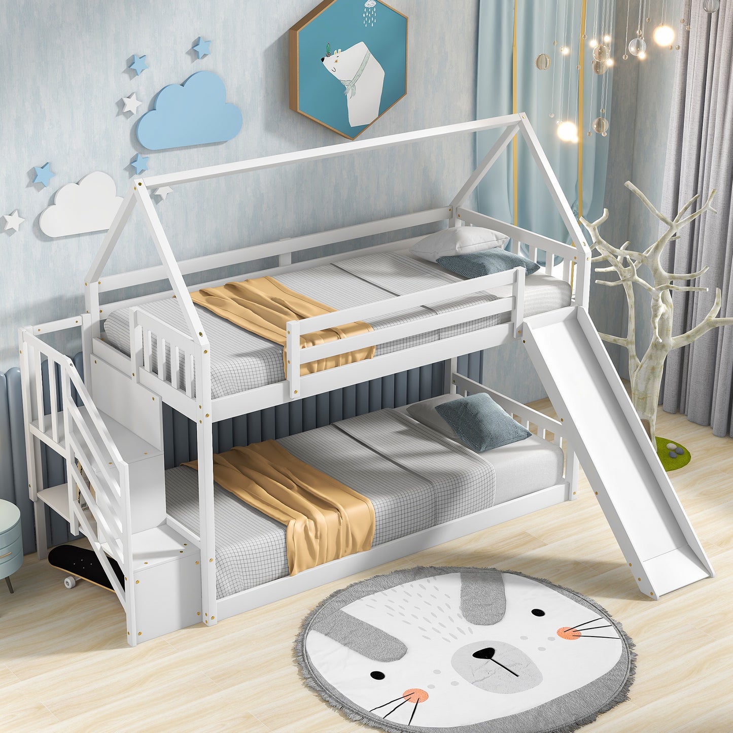 Twin over Twin House Bunk Bed with Slide and Storage Staircase,White