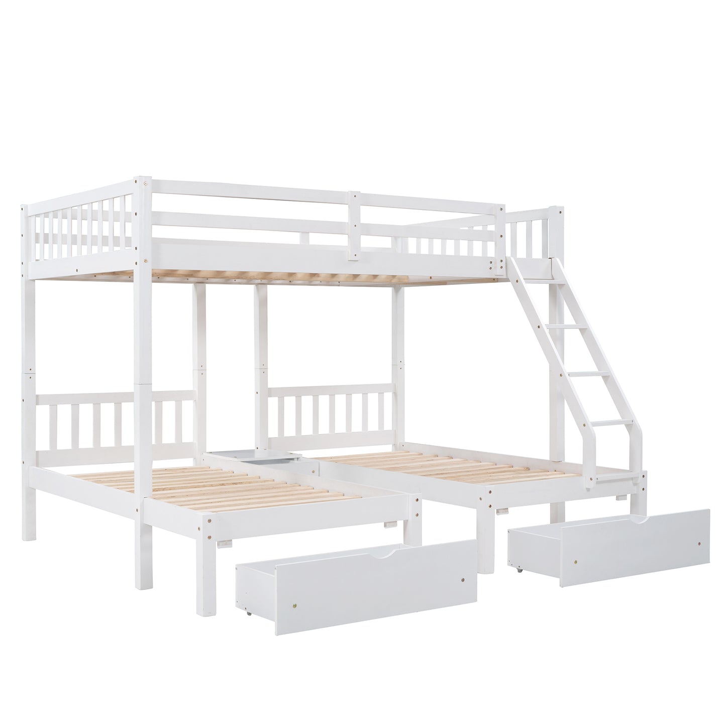 Full Over Twin & Twin Bunk Bed, Wood Triple Bunk Bed with Drawers and Guardrails  (White) （OLD SKU:LP000143AAK）