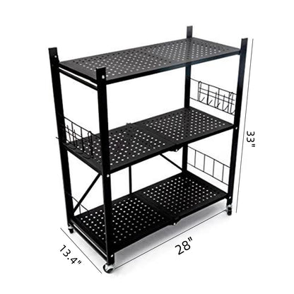 3-Tier Foldable Storage Shelves With Wheels, Metal Folding Organizer Rack