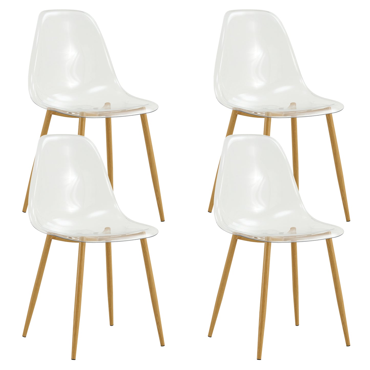 Modern simple transparent dining chair plastic chair armless crystal chair Nordic creative makeup stool negotiation chair Set of 4 and wood color metal leg