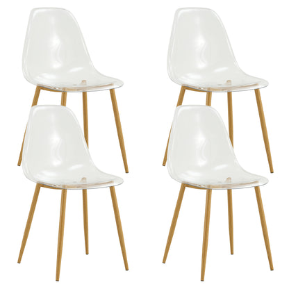 Modern simple transparent dining chair plastic chair armless crystal chair Nordic creative makeup stool negotiation chair Set of 4 and wood color metal leg