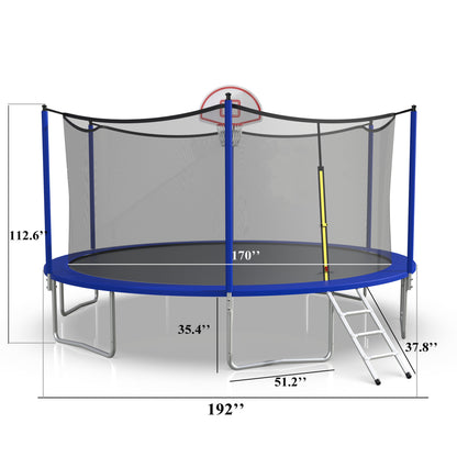 16ft Trampoline with Enclosure, New Upgraded Kids Outdoor Trampoline with Basketball Hoop and Ladder, Heavy-Duty Round Trampoline，Blue