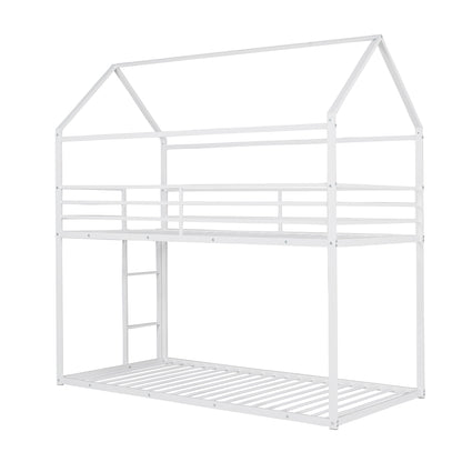 Bunk Beds for Kids Twin over Twin,House Bunk Bed Metal Bed Frame Built-in Ladder,No Box Spring Needed White