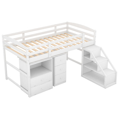 Twin Size Loft Bed with Multifunctional Movable Built-in Desk and and Staircase,White(OLD SKU:GX000925AAK)