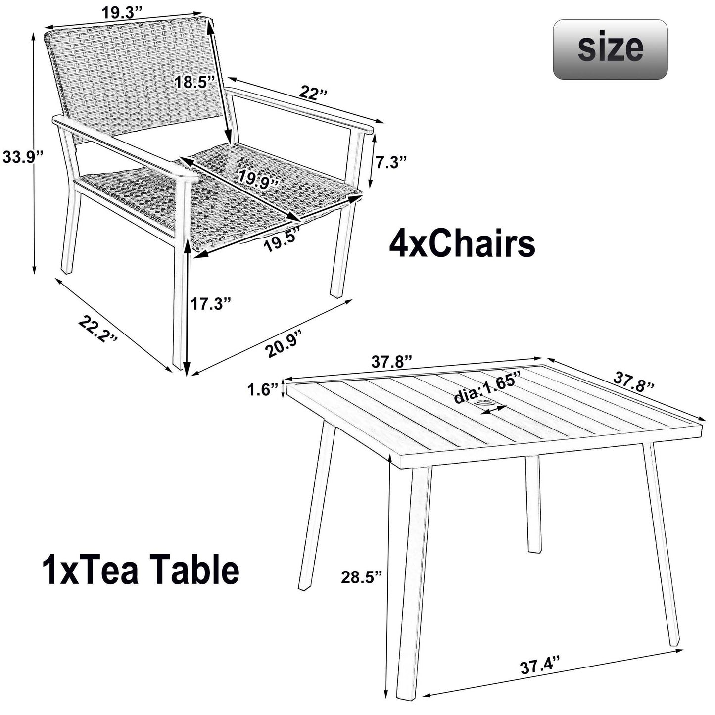 TOPMAX Outdoor Patio PE Wicker 5-Piece Dining Table Set with Umbrella Hole and 4 Dining Chairs for Garden, Deck,Black Frame+Black Rattan