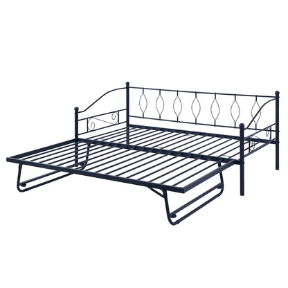 Twin Size Metal Daybed with Twin Size Adjustable Trundle, Portable Folding Trundle, Black