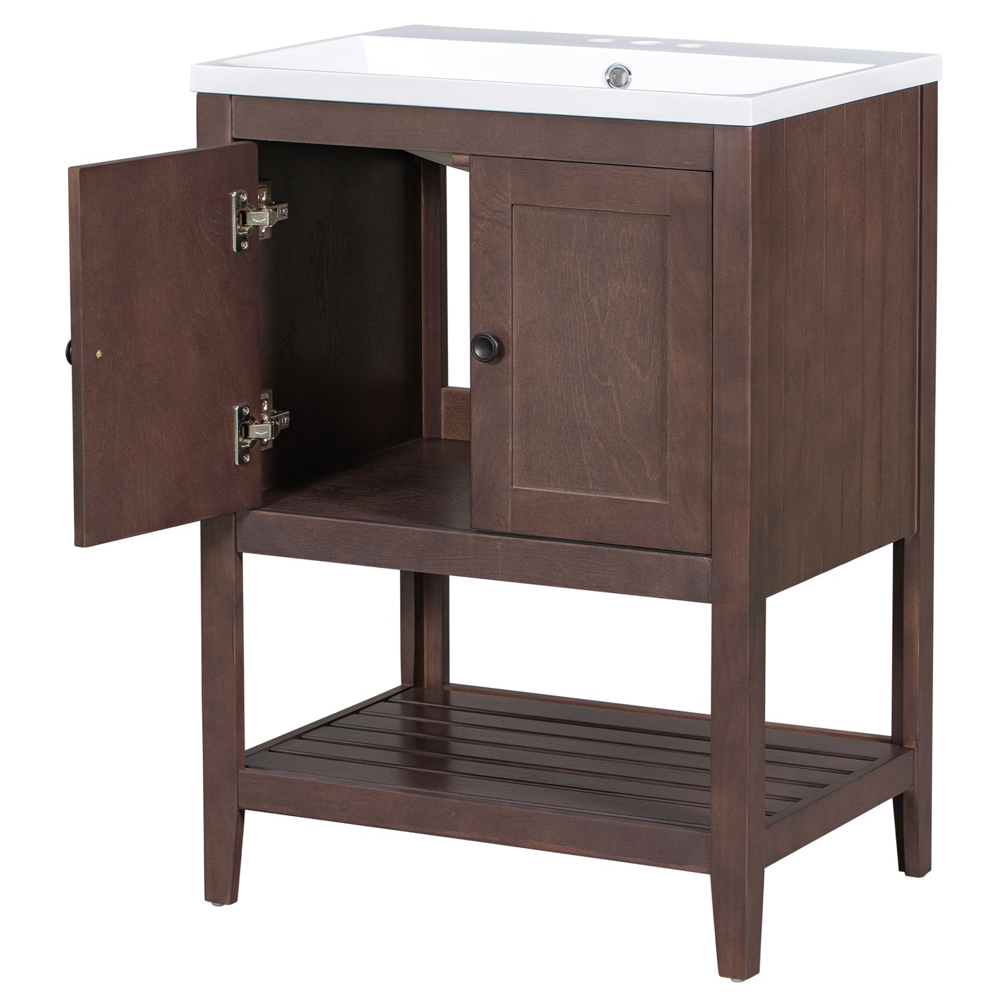 [VIDEO] 24" Brown Modern Sleek Bathroom Vanity Elegant Ceramic Sink with Solid Wood Frame Open Style Shelf