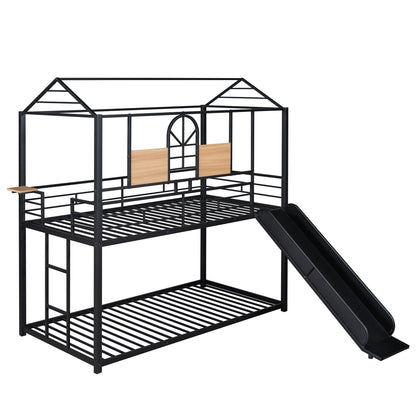 Twin Over Twin Metal Bunk Bed ,Metal Housebed With Slide,Three Colors Available.(Black with Black  Slide)(OLD SKU :LP000095AAB)