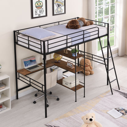 Twin Size Metal Loft Bed and Built-in Desk and Shelves,Black(OLD DKU:WF280270AAB)