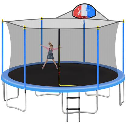 15FT Trampoline for Kids with Safety Enclosure Net, Basketball Hoop and Ladder, Easy Assembly Round Outdoor Recreational Trampoline