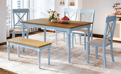 TOPMAX 6 Piece Dining Table set with Bench,Wooden Kitchen Table Set w/ 4 Padded Dining Chairs,Blue