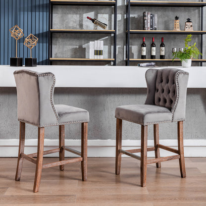 A&A Furniture,Counter Height Bar Stools, Upholstered 27" Seat Height Barstools, Wingback Breakfast Chairs with Nailhead-Trim & Tufted Back, Wood Legs, Set of 2(Grey)