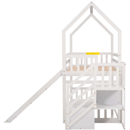 Twin over Twin House Bunk Bed with Convertible Slide,Storage Staircase,White