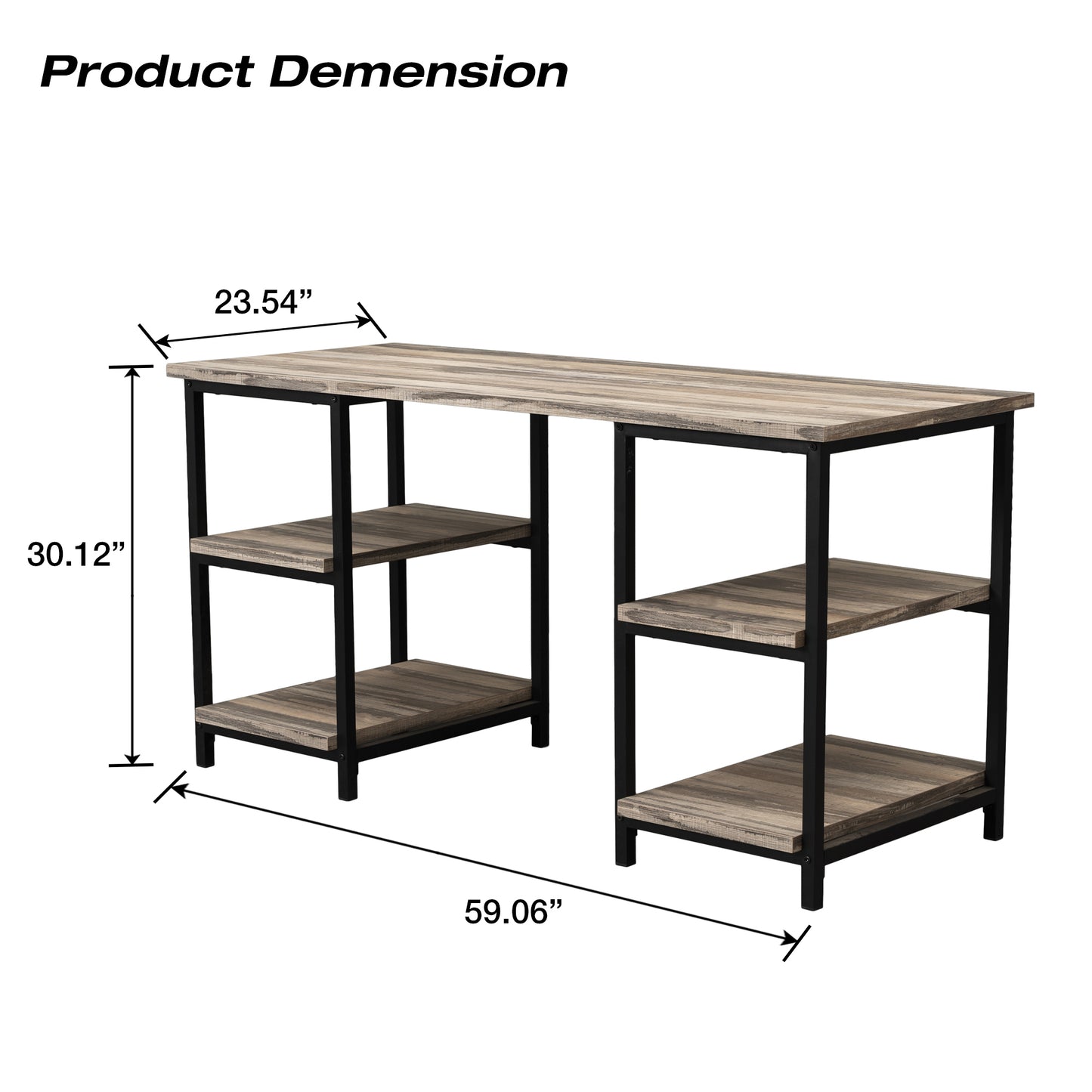 59 Inches Computer Desk Trestle Desk with Both Side 2-Tier Shelves, Modern Simple Style Study Work Game Desk , Workstation Home Office Table, Rustic Wood Desk